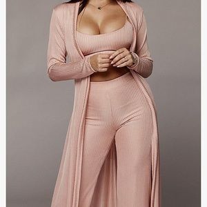 New ribbed three piece set cropped top ribbed pants and robe coat w tie